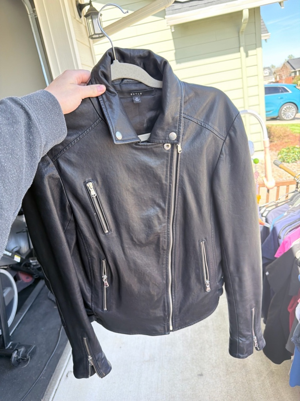 DSTLD Black Leather Zip-Front Moto Jacket